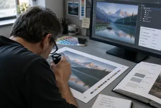Print technician comparing a physical proof with vector paths and a photograph on a monitor in a prepress studio.